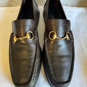 Gucci Dark Brown Leather Loafers with horseshoe bit Gold detail Sz 9.5